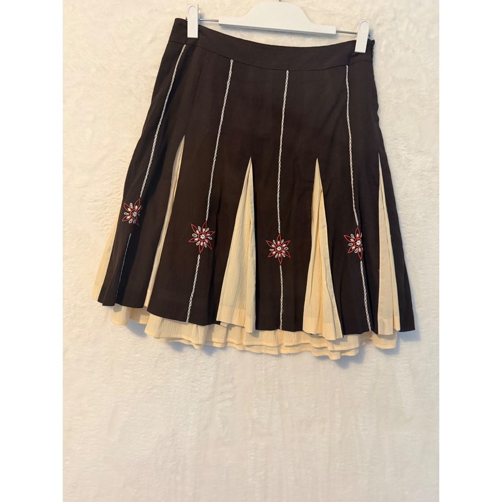 Ann Taylor Loft Petites Brown Pleated Skirt Floral Embroidery Cotton 6P NEW